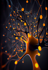 Fototapete - Connecting nerve cells that emit a orange light. The notion of an artificial neuron in artificial intelligence. 