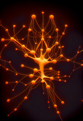 Fototapete - Connecting nerve cells that emit a orange light. The notion of an artificial neuron in artificial intelligence. 