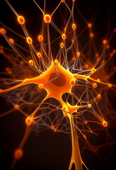 Fototapete - Connecting nerve cells that emit a orange light. The notion of an artificial neuron in artificial intelligence. 