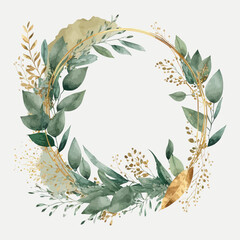 Poster - Watercolor floral illustration - gold leaves and branches wreath frame with geometric shape. Decorative elements template. Flat cartoon illustration isolated on white background