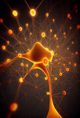 Fototapete - Connecting nerve cells that emit a orange light. The notion of an artificial neuron in artificial intelligence. 