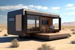 Modular wooden house on wheels with flat roof and big windows all around. Modern and elegant style, with an outdoor living area. Generative AI