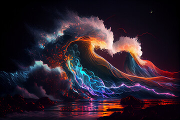 Fototapete - sunset, landscape, minimal visualization of ocean waves. 
