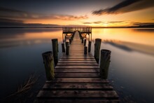 Perspective View Of A Wooden Pier On The Sea With An Amazing Sunset, With Reflections On The Water. Inspiration Concept, Enjoy Life, Relaxing Moment -  Generative AI