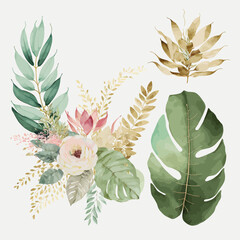 Sticker - Watercolor tropical floral bouquet set - green, blush & gold leaves. Decorative elements template. Flat cartoon illustration isolated on white background