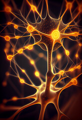 Fototapete - Connecting nerve cells that emit a orange light. The notion of an artificial neuron in artificial intelligence. 