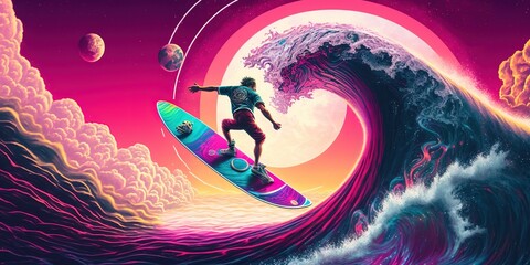 Wall Mural - Big wave space surfer. Vaporwave style. Digital painting. Planets, futuristic atmosphere, synthwave Generative AI