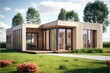 Timber frame modular house with flat roof, panoramic windows and double doors. Generative AI