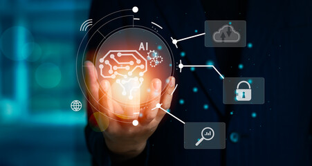 Poster - Businessman hand holding glowing digital ai and brain icon. artificial intelligence technology background concept.