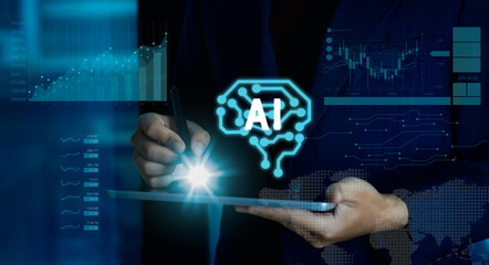 Poster - Businessman hand using pen mouse on tablet with glowing digital ai brian icon and graph on background. artificial intelligence technology concept.