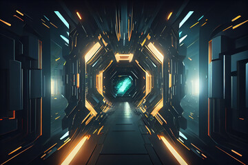Poster - Beautiful Abstract polygonal Round light underground tunnel, light corridor, neon light.	
