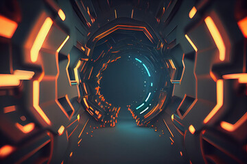 Poster - Beautiful Abstract polygonal Round light underground tunnel, light corridor, neon light.	