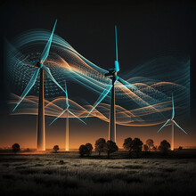 Generative AI Illustration Of Futuristic Wind Turbines Farm With Glowing Air Lines During The Night, In The Middle Of A Hill. Concept Of Energy And Environment