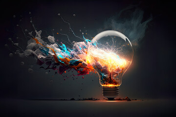 lightbulb eureka moment with impactful and inspiring artistic colourful explosion of paint energy ge