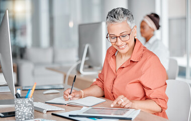 Aufkleber - Book, tablet and business woman writing, research or internet browsing in office workplace. Technology, notebook and senior female employee with touchscreen for taking notes and planning strategy.