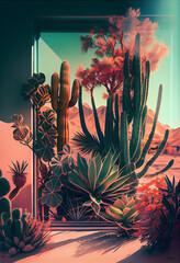 Aufkleber - Beautiful abstract landscape cactus and plant concept, contemporary colors and mood social background Generative AI technology