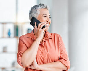 Aufkleber - Business, office and senior woman on a phone call for discussion, client networking and client connection. Communication, technology and female ceo speaking, talking and in conversation on smartphone