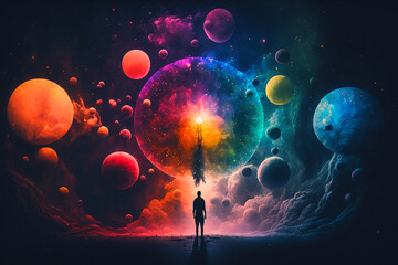 Canvas Print - human chakras of different colours, man in the middle of space and colourful planets.  Generative AI
