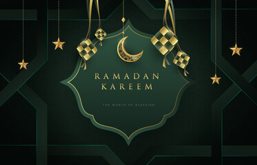 Wall Mural - Ramadan Kareem design on green islamic background with gold ornament star, moon and ketupats. Suitable for raya and ramadan template concept.