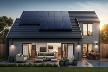 Photovoltaic Solar Panels In Modern House Roof. Alternative And Renewable Energy Concept. Generative Ai