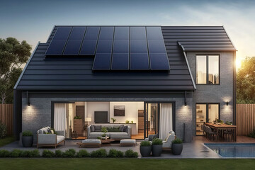 photovoltaic solar panels in modern house roof. alternative and renewable energy concept. generative