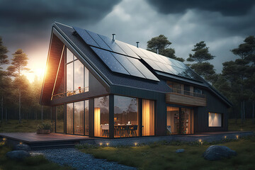 Wall Mural - photovoltaic solar panels in modern house roof. alternative and renewable energy concept. generative