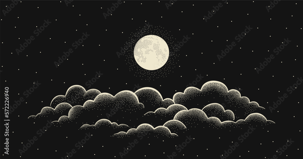 Night starry sky with full moon and cloud. Vector background with ...