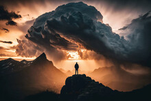 Silhouette Of A Hiker On A Mountain With A Gigantic Storm Approaching. Generative Ai. 