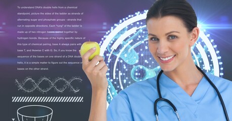 Poster - Composition of smiling female doctor holding apple over dna strand and medical data processing