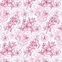  Vector seamless pattern with hand drawn twigs and sakura flowers on a white background. Cherry blossoms. wedding pattern, floral pattern for printing on fabric, clothing, wrapping paper.