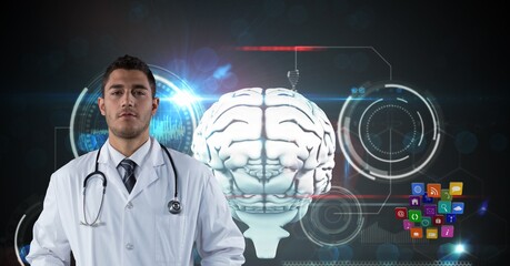 Canvas Print - Composition on male doctor over screen with digital human brain and medical data processing