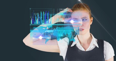 Wall Mural - Composition of caucasian businesswoman touching screen with data processing