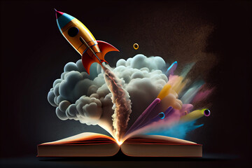 Poster - Beautiful abstract illustrations on a bokeh background, a toy rocket launches from the books and begins to spew smoke. Symbol of the thirst for knowledge and education. Illustration used in schools.