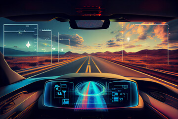 Intelligent transportation system (IoT) enabled smart car (HUD) concept with graphic sensor, radar signal system, and internet sensor link. 