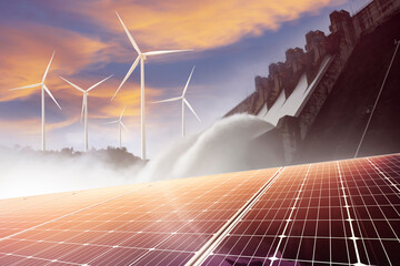 Wall Mural - electricity from solar panels, dams, and wind turbines. environmentally-friendly renewable energy co