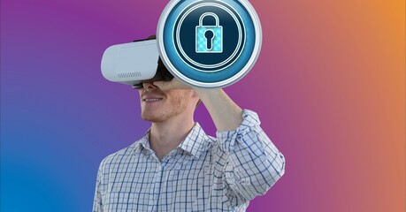 Poster - Composition of digital padlock icon with business man wearing vr headset