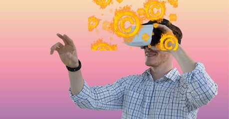 Poster - Composition of digital icons with business man wearing vr headset