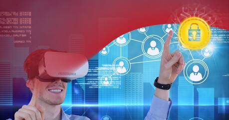 Poster - Composition of digital icons with businessman wearing vr headset