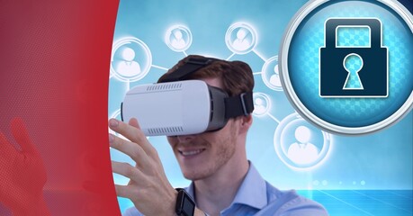Poster - Composition of digital icons with businessman wearing vr headset