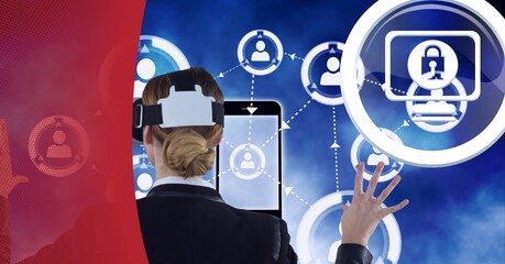 Poster - Composition of digital icons with businesswoman wearing vr headset