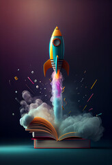 Poster - Beautiful abstract illustrations on a bokeh background, a toy rocket launches from the books and begins to spew smoke. Symbol of the thirst for knowledge and education. Illustration used in schools.