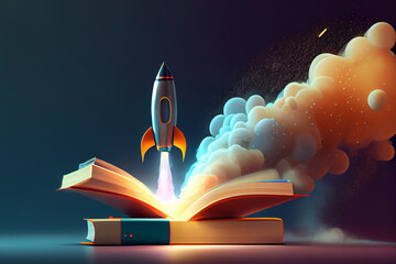 Poster - Beautiful abstract illustrations on a bokeh background, a toy rocket launches from the books and begins to spew smoke. Symbol of the thirst for knowledge and education. Illustration used in schools.