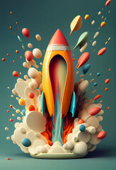Poster - Beautiful abstract illustrations on a bokeh background, a toy rocket launches from the books and begins to spew smoke. Symbol of the thirst for knowledge and education. Illustration used in schools.
