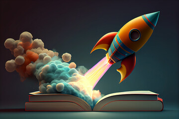 Poster - Beautiful abstract illustrations on a bokeh background, a toy rocket launches from the books and begins to spew smoke. Symbol of the thirst for knowledge and education. Illustration used in schools.
