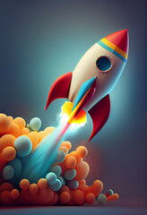 Poster - Beautiful abstract illustrations on a bokeh background, a toy rocket launches from the books and begins to spew smoke. Symbol of the thirst for knowledge and education. Illustration used in schools