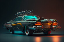 Oldtimer Car In Glowing Neon Colors Isolated On Black Background, Cyberpunk, Generative Ai