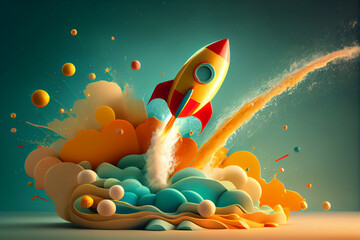 Poster - Beautiful abstract illustrations on a bokeh background, a toy rocket launches from the books and begins to spew smoke. Symbol of the thirst for knowledge and education. Illustration used in schools