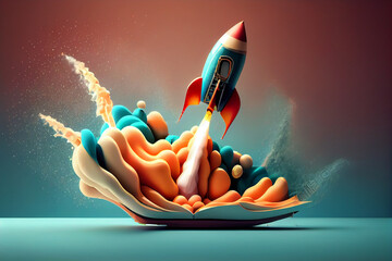 Poster - Beautiful abstract illustrations on a bokeh background, a toy rocket launches from the books and begins to spew smoke. Symbol of the thirst for knowledge and education. Illustration used in schools