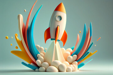 Poster - Beautiful abstract illustrations on a bokeh background, a toy rocket launches from the books and begins to spew smoke. Symbol of the thirst for knowledge and education. Illustration used in schools