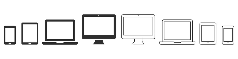 Poster - computer laptop smartphone tablet icon. device flat and line icons set. vector